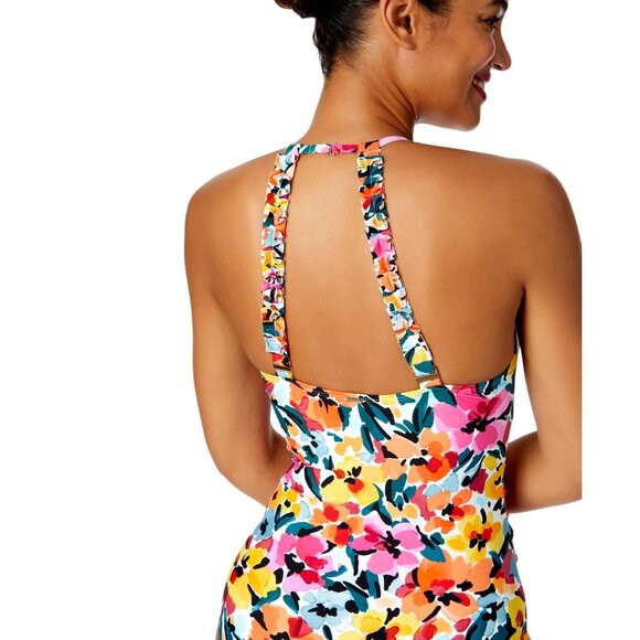 NEW Anne Cole Gradient High Neck One-Piece Swimsuit Gradient Floral Red Blue 10 - Picture 4 of 8